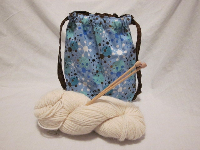 Knitting Crochet Drawstring Project Bag, Blue Brown Sprockets