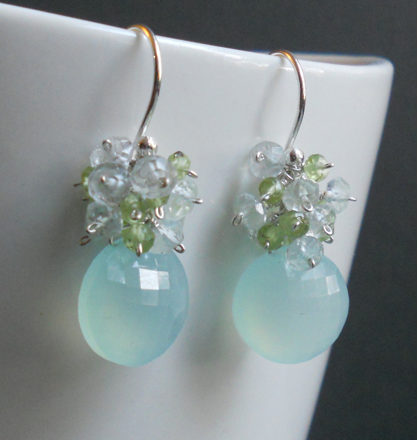 Aqua Chalcedony, Peridot and Aquamarine Gemstone Cluster Earrings Sterling Silver Beach Bride