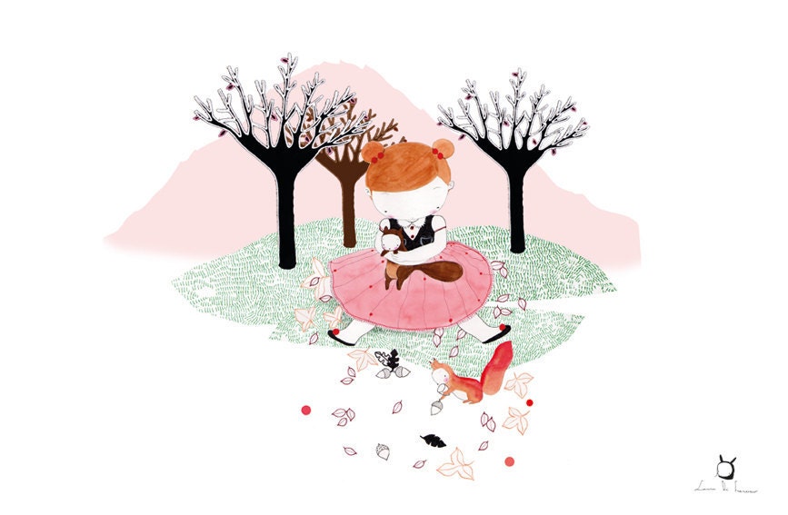 Girl with squirrels - Powder Pink - Sunset landscape - Autumn leaves - Alpine