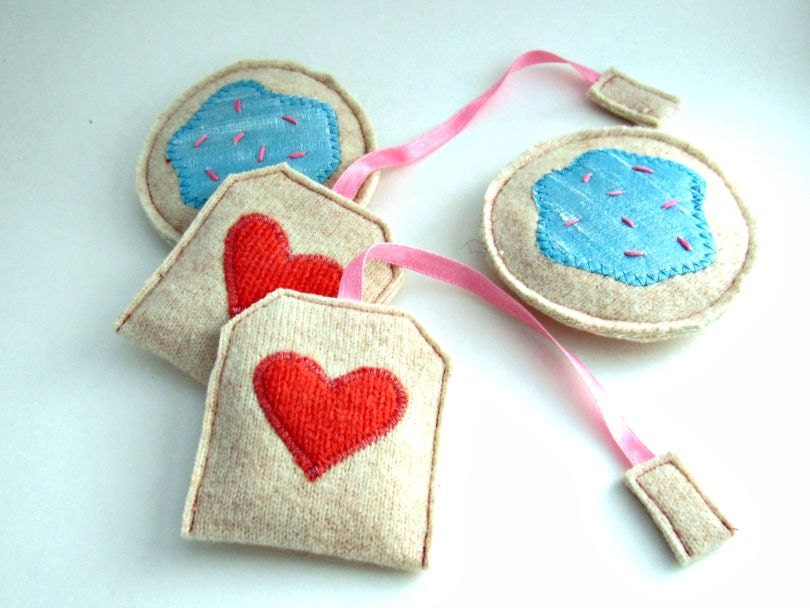 Sale - Tea Party - Recycled Sweater Felt Tea and Cookies Set