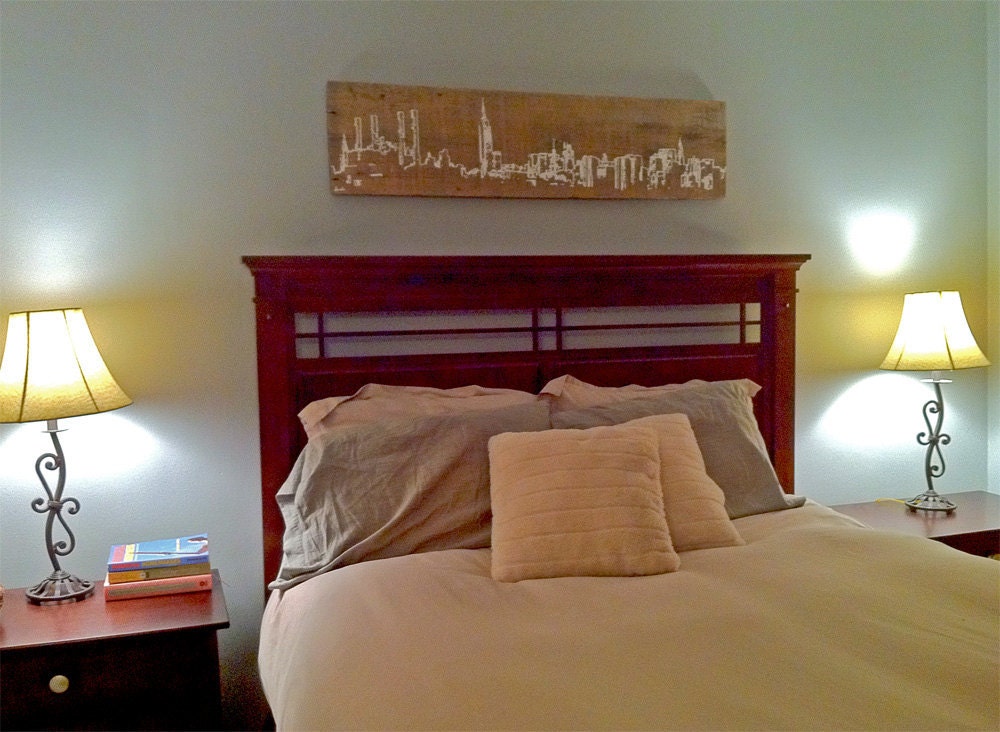 Large White New York Skyline Reclaimed barn wood screen printed wall hanging