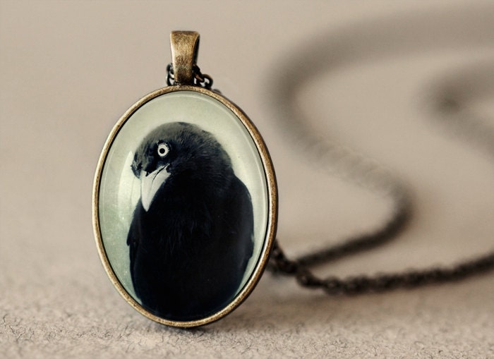 Raven Pendant - Crow Jewelry - Antique Brass Photo Pendant - Glass - Gothic Jewelry - Raven Necklace - Crow Necklace - Gothic Pendant