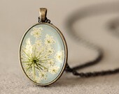 Flower Pendant - Wearable Art Jewelry - Glass Pendant - Queen Annes Lace - Photo Pendant Necklace - Art Pendant - Teal Antique Brass Jewelry
