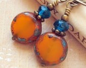 Brass Earrings Blue and Pumpkin Yellow Vintage Inspired, Neo Victorian Czech Glass, Solar Power