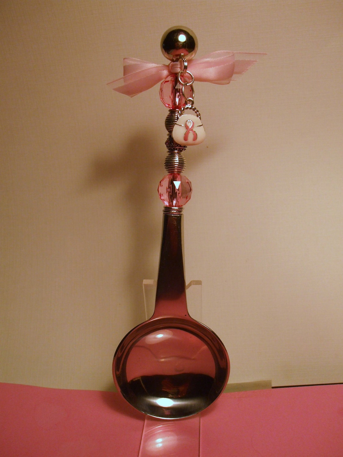 Breast Cancer Awareness Gift - Beaded Coffee Scoop or Serving Spoon with a PINK ribbon charm - FREE SHIPPING