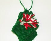 Hand Knit Holiday Ornament, Scarf with Pompom, Tree Decoration