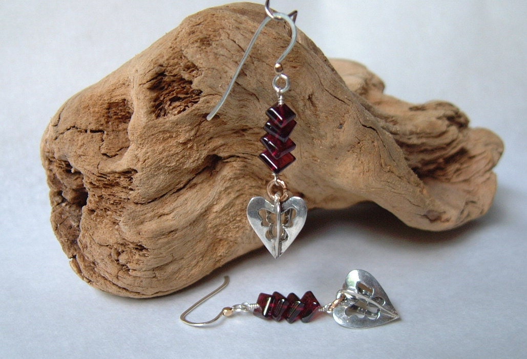 Silver earrings with Garnets-unique shaped stones and silver heart-shaped seed pod- Free Shipping Etsy
