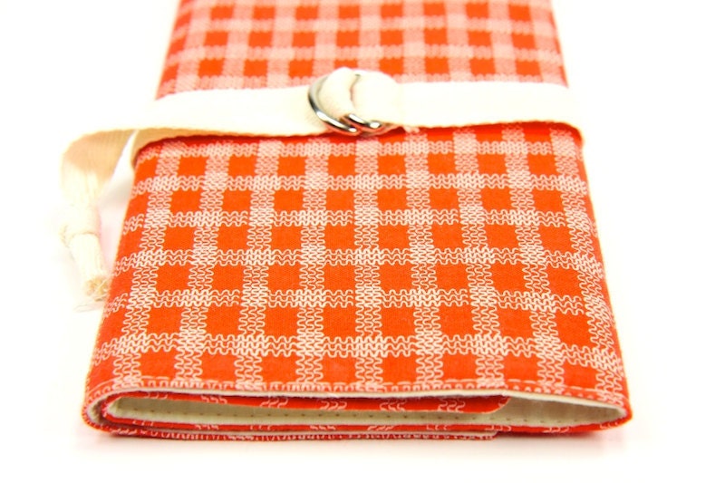 SHORT - Dpn or Circular Knitting Needle Organizer Case - Stitches on Tangerine Orange - 24 natural cotton pockets