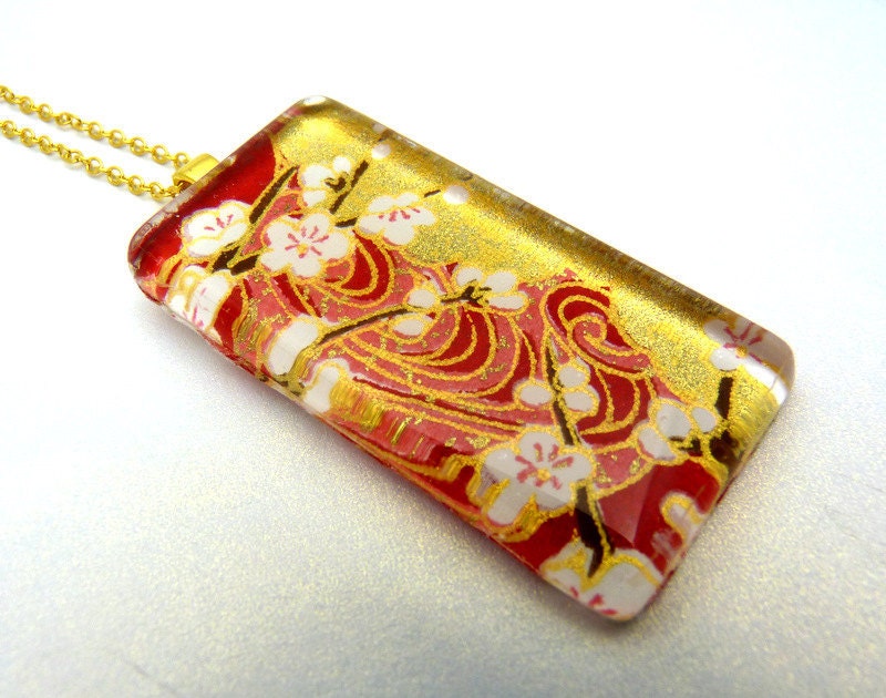 Japanese Red & Gold Chiyogami Necklace - LucyandLarry