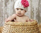 Baby Girl Hat  - Newborn Hat - Girl Hat - Knit Hat - Crochet Hat - Flower Hat - Newborn to 4 years Includes 2 Flowers