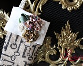 Christmas Stocking- Linen Cuff on Burlap with Silk Flowers