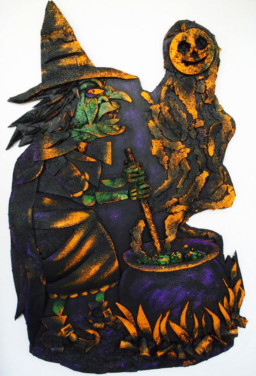 Halloween Folk Art Cork Carving - Witch & Cauldron