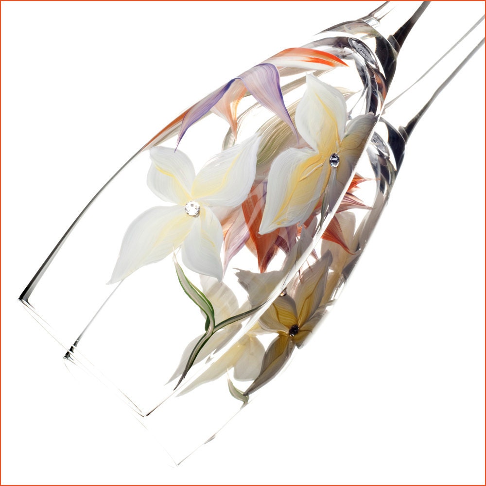 Tropical Wedding Flutes - Hand Painted Champagne Glasses - Set of 2