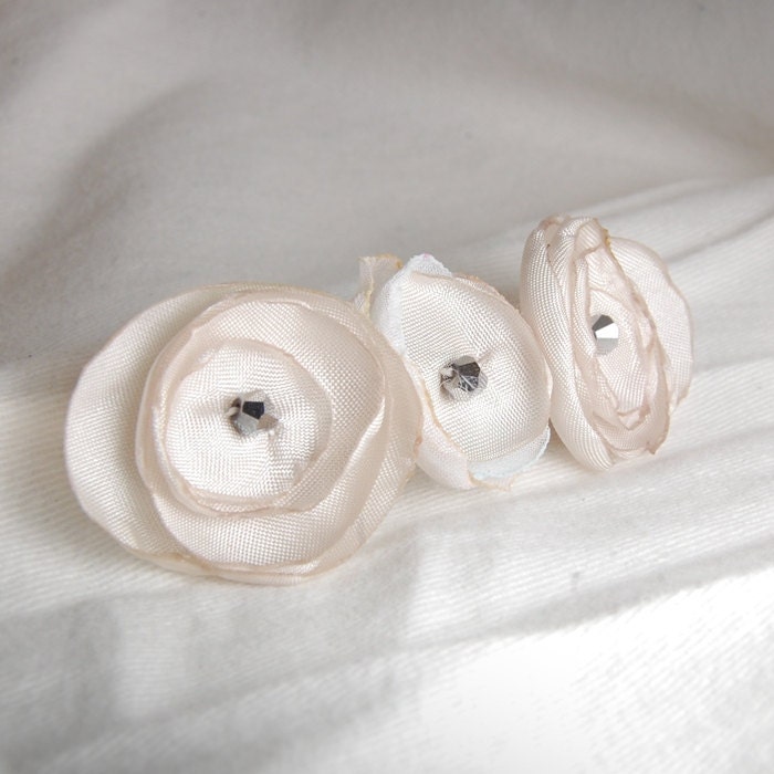 Handmade fabric flowers mini white flowers recycled fabric silver swarovski crystals metal french barrette holiday hair accessories