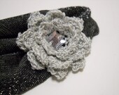 Sparkly Silver Crocheted Flower Scarf Pin Hair Clip