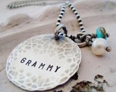 Personalized Hand stamped rustic hammered sterling silver Grandma Necklace. Antiqued distressed hand stamped jewelry.