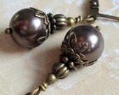 Bronze and Brown Swarovski Pearl Earrings Art Nouveau Style Vintage Inspired, Neo Victorian
