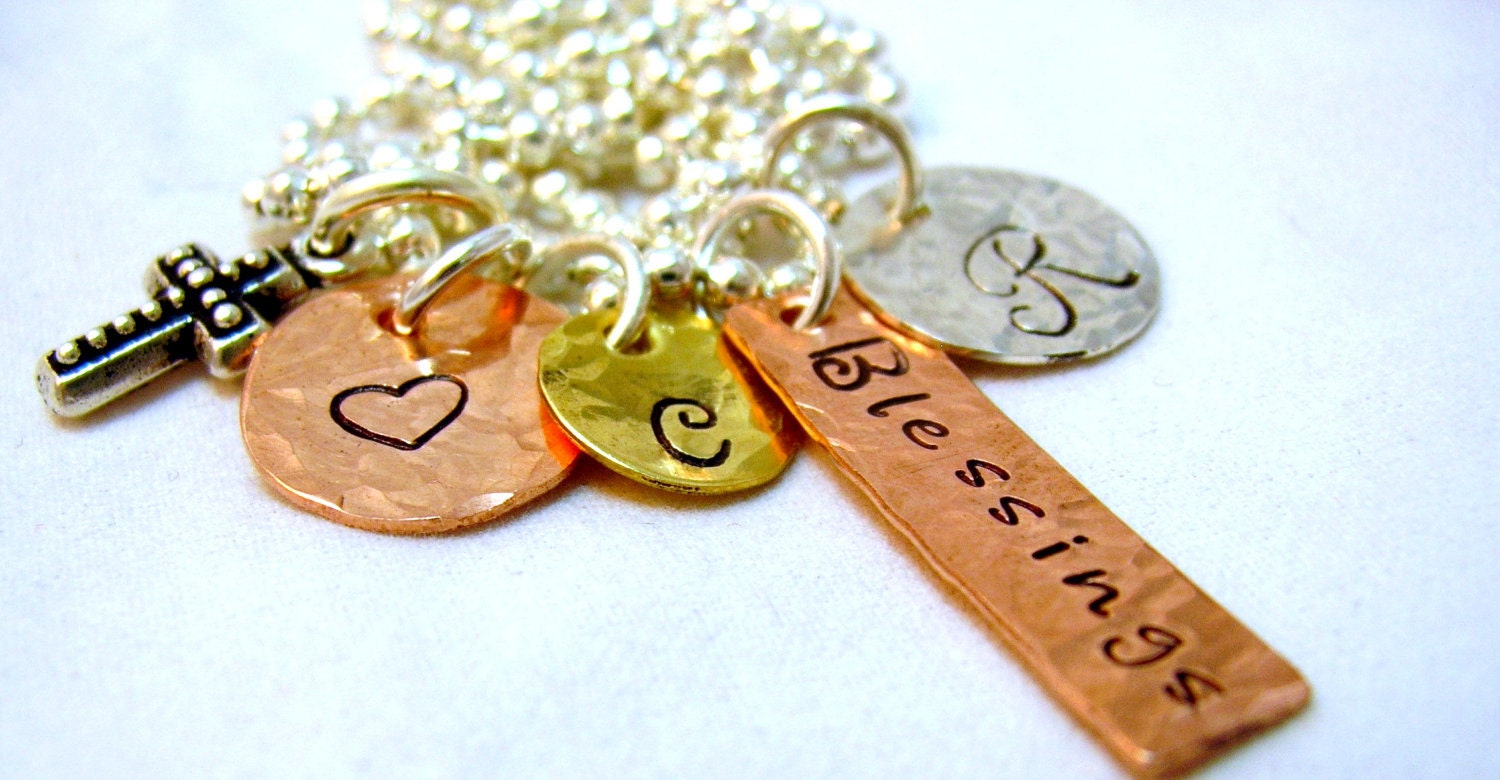 Monogram initials - Mixed Metal Metal Stamping Hand Stamped Sterling Silver Disc - Copper - Brass - Tiny Letters - Mommy Necklace