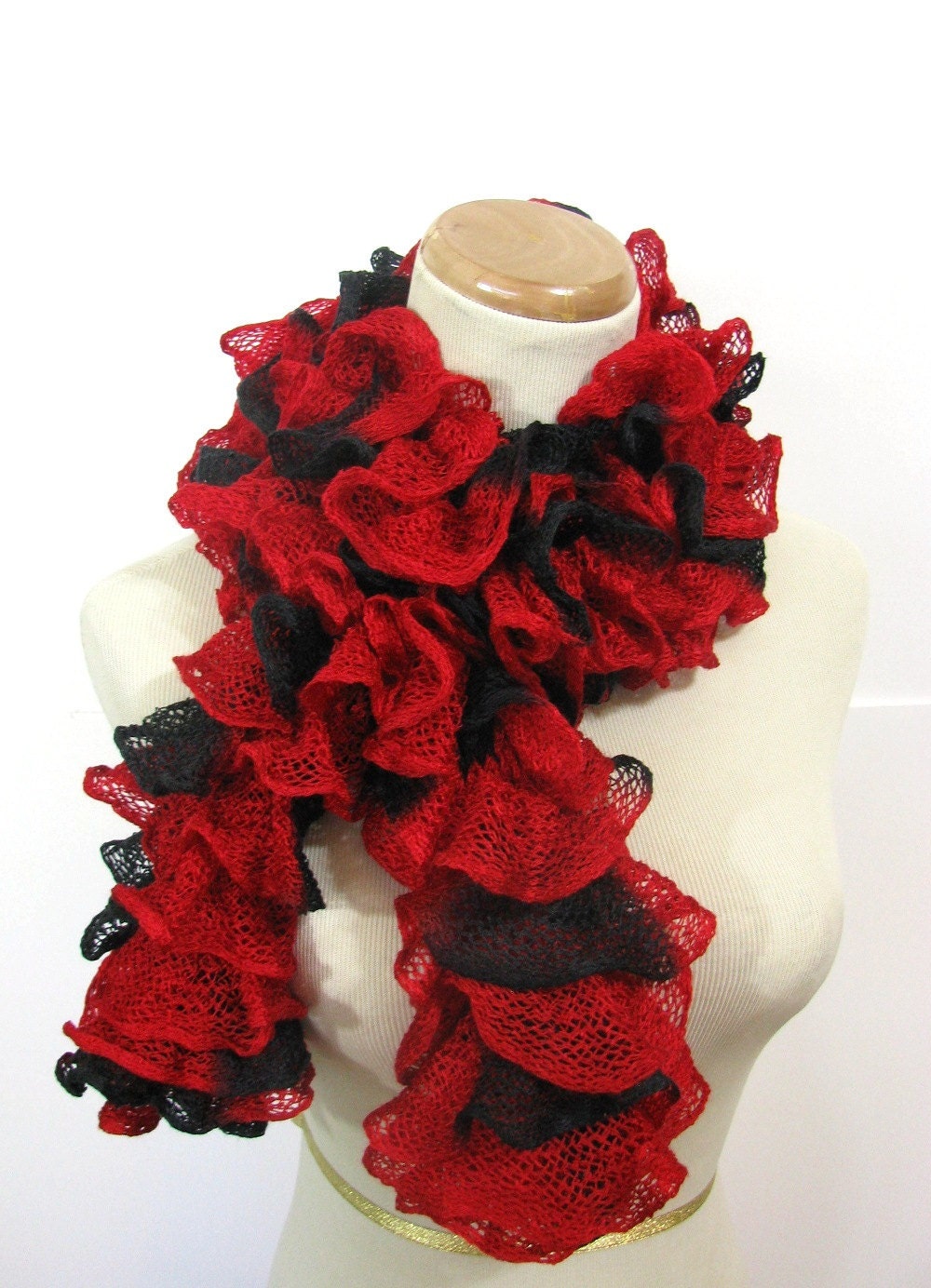 Red and Black Ruffled Scarf - Hand Knit