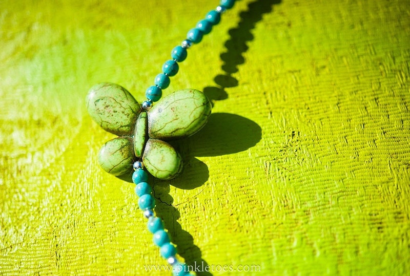 MINI ANGELS Lime Green Howlite Butterfly and Turquoise Children's Necklace Silver Sterling Silver Clasp