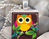 Scrabble Tile Pendant Owl Pendant Owl Necklace With Silver Ball Chain (A1565)
