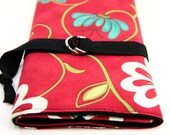 SHORT dpn or circular Knitting Needle Organizer Case - Artful in Red - 24 black pockets