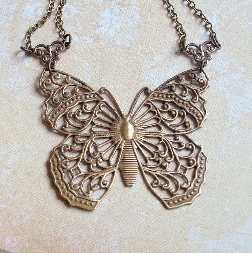 Brass Butterfly Necklace, Filigree, Vintage Style, Neo Victorian, Steampunk, Art Nouveau