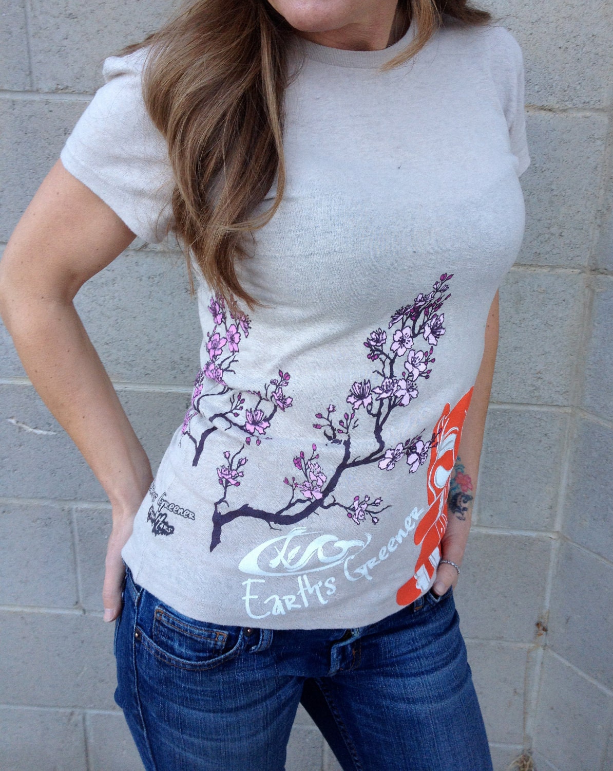 Smiling Peace Elephant w/ cherry blossoms Hemp Clothing Womens Eco-Friendly Tee Shirt - T-Shirt  - Organic  Womens  MEDIUM