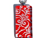 red and silver necklace pendant - glass and Japanese chiyogami pendant necklace -red and silver damask