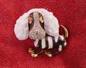 Vintage Dog Brooch, Black and White Enamel Striped Dog, for wearing, or for altered jewelry