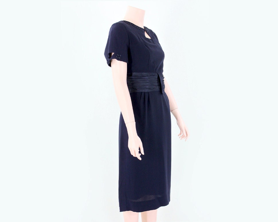 Vintage 1940s to 1950s cut out Cocktail Dress. Navy Blue with Geometric Theme by Grace Taylor (Large L)