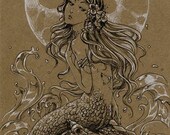 Moon Mermaid art print from ink drawing, picture of fantasy girl, 5x7