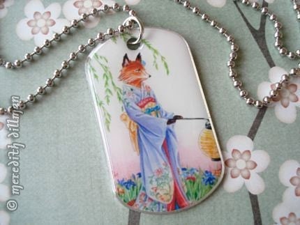 Japanese Iris Fox art kitsune dog tag id necklace - double sided