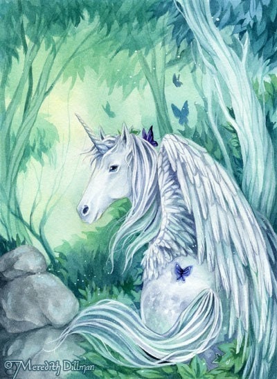 Forest Unicorn print fantasy art 5x7 by Meredith Dillman