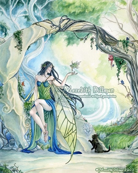 Faery Glen fairy cat art print - green fantasy forest faerie fairies 8x10