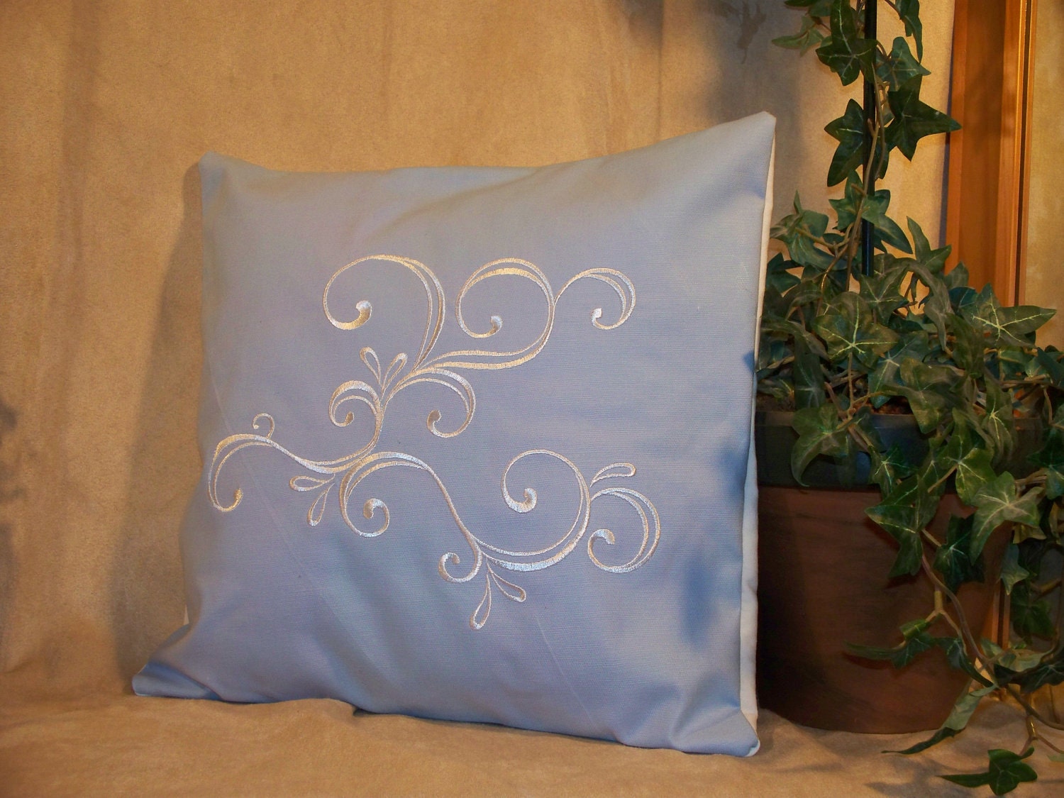 12" x 12" Light Blue with White Embroidered Swirl Decorative Pillow Cover