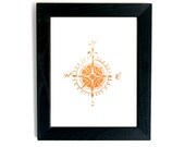 Compass print North South East West -  Linoleum Art Print orange