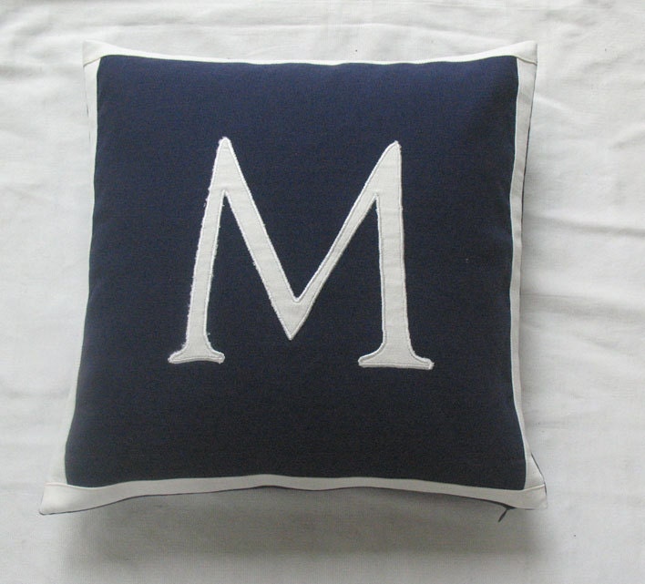 Letter M monogrammed letter pillow 18 inch navy and white