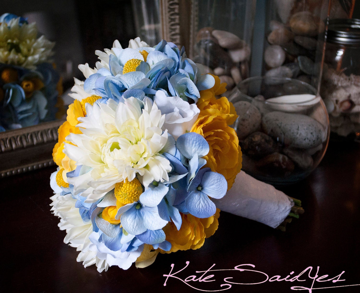 Silk Wedding Bouquet - Blue Hydrangeas, Yellow Ranunculus, Billy Buttons, Roses, and Mums - Large Garden Bridal Bouquet