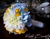 Silk Wedding Bouquet - Blue Hydrangeas, Yellow Ranunculus, Billy Buttons, Roses, and Mums - Small Bouquet