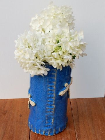 Blue and White Dragonfly Ceramic Vase/Hand Built Pottery