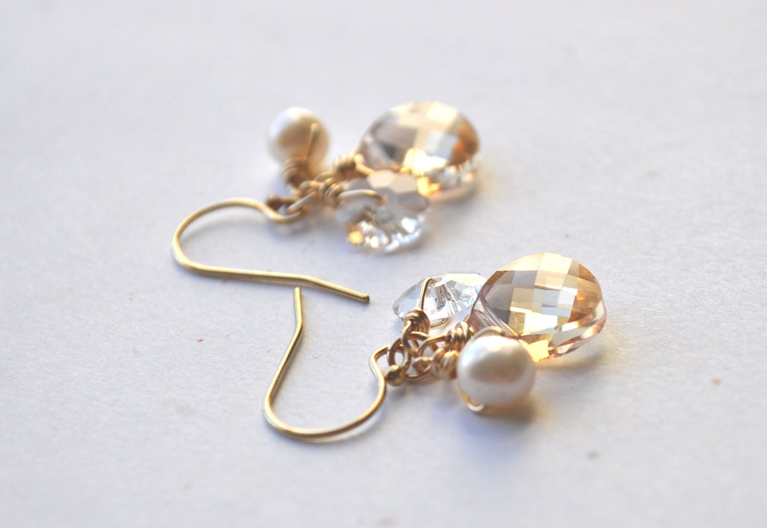 Bouquet Earrings - golden shadow, crystal, freshwater pearl, gold filled, cluster - simple bridal or everyday jewelry - adencreations
