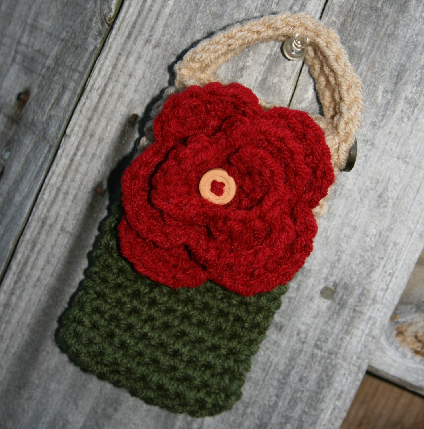 Flower Cell phone case or cozy crocheted in autumn theme olive green, red, and tan or beige