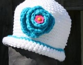 Flower Hat beanie for baby girl 3-6 months white with teal green and pink accent flower rose