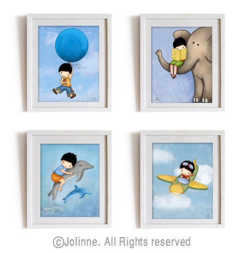 Boys art prints nursery decor, children wall art illustration , elephant , books, dolphins, airplane, bunny, balloon