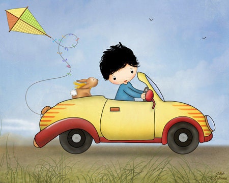 Boys art prints, kids room decor, boy with bunny driving a yellow car original illustration