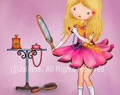 Little girls wall hanging art print children room decor pink background illustration