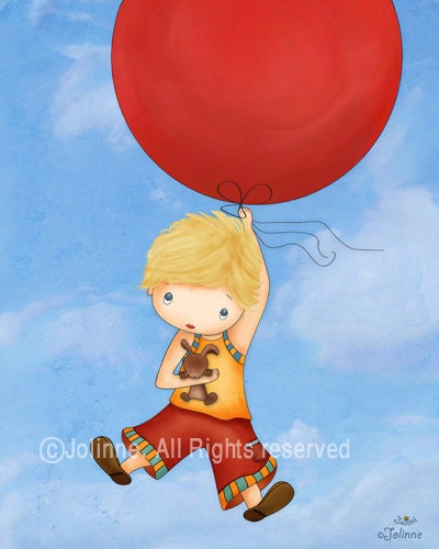 Nursery art print for boys, gift idea for little boys, children's wall art room decor, boy with balloon and rabbit