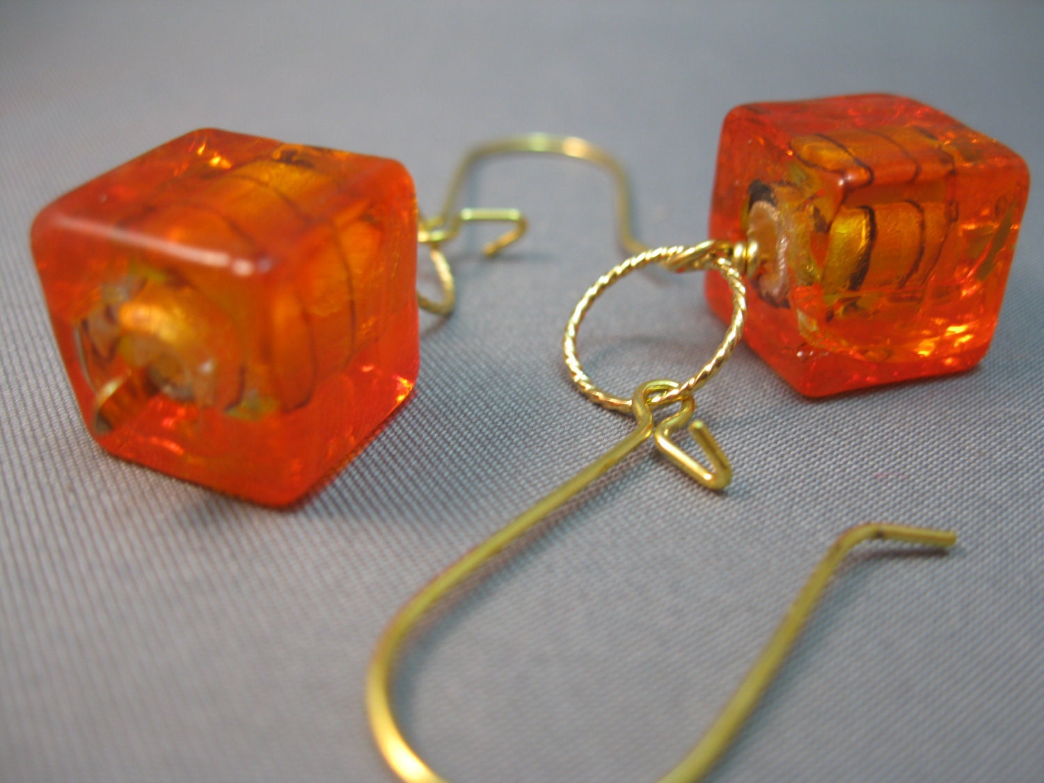 Orange Red Tiger Stripe Lampwork Glass Cube Bead Earrings