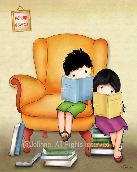 kids art print Twins brother sister books theme , library wall art , reading room illustration